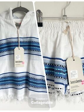 Brand New w Tags! LEMLEM Welela Blue White Cotton Poncho (6) Shorts (4) Set